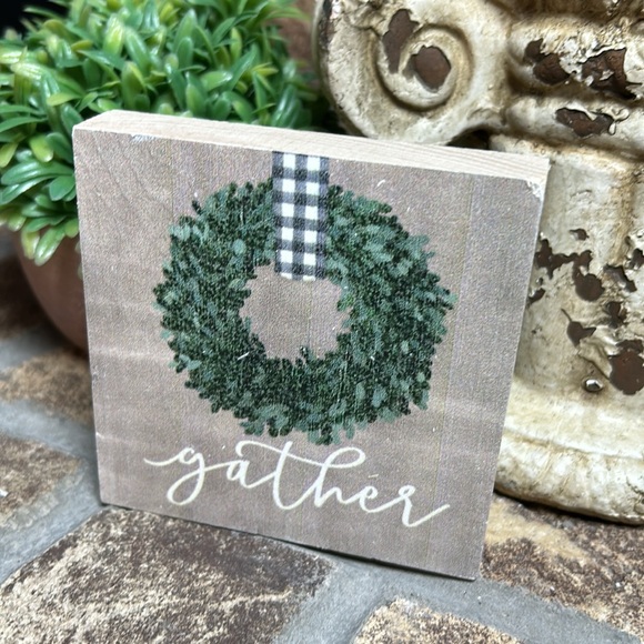 Farmhouse Buffalo Check Wreath Gather Wood Sign - Picture 7 of 7